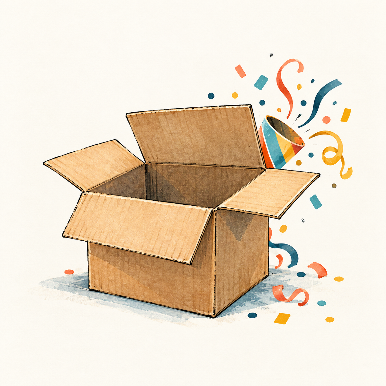 An open empty box with a little burst of colourful confetti